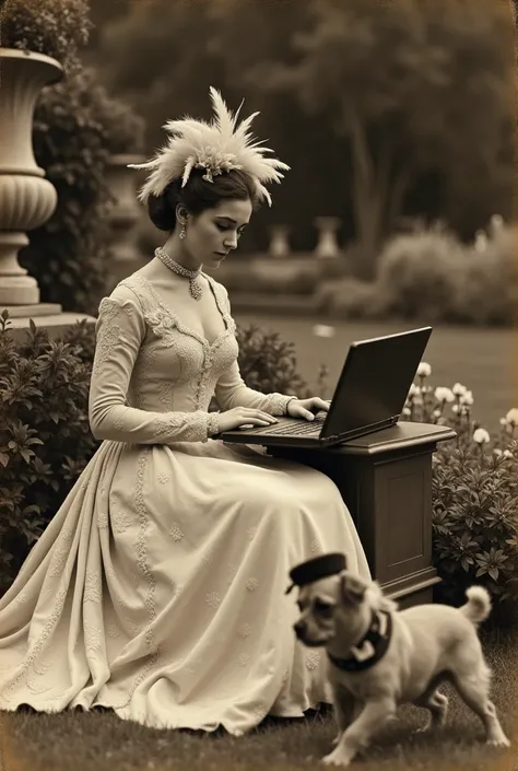 A vintage sepia-toned photograph showing a woman in a luxurious Victorian dress, using a laptop computer, sitting in a garden surrounded by flowers and marble vases. She is looking at the screen of her laptop. A small dog with a bow is frolicking on the gr...