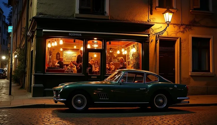 "A nostalgic scene of a small bar from an earlier era, located across the street during the night. The bar has warm, glowing lights and a live jazz performance with a saxophonist visible through the windows. In front of the bar, a classic vintage Ferrari c...