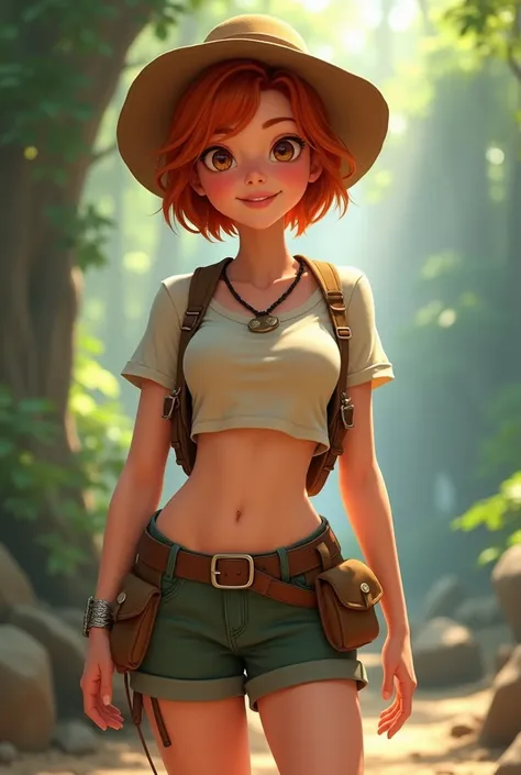 Disney girl,18 years old,Redhead, short hair,dressed as an explorer with shorts and a very short t-shirt,rounded breasts