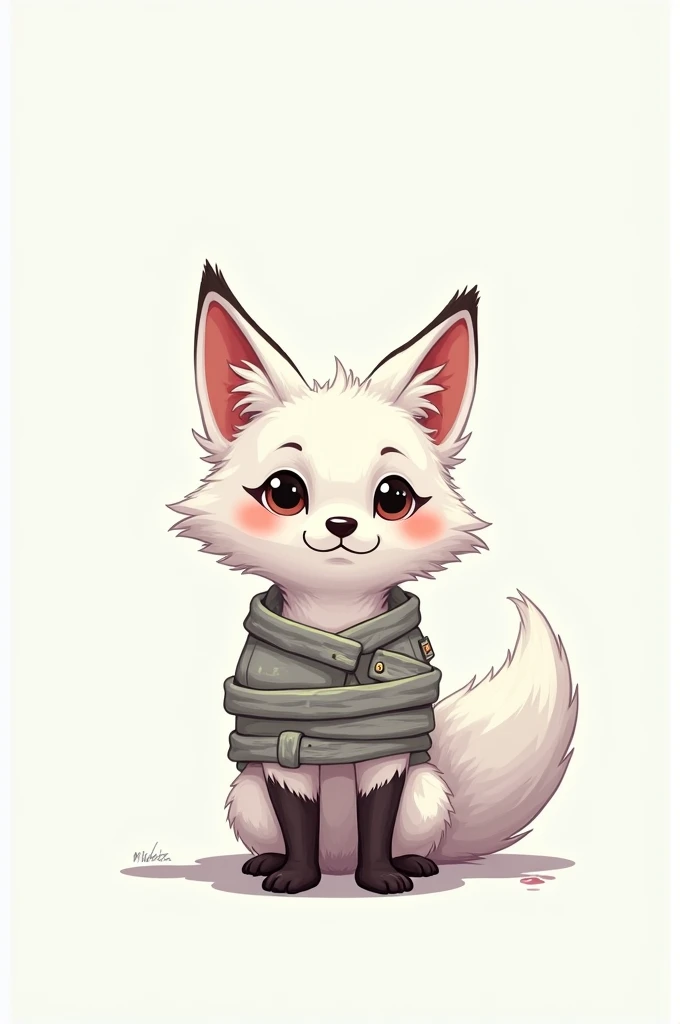 A furry white fox wearing a straitjacket in a square white room (cartoon style)