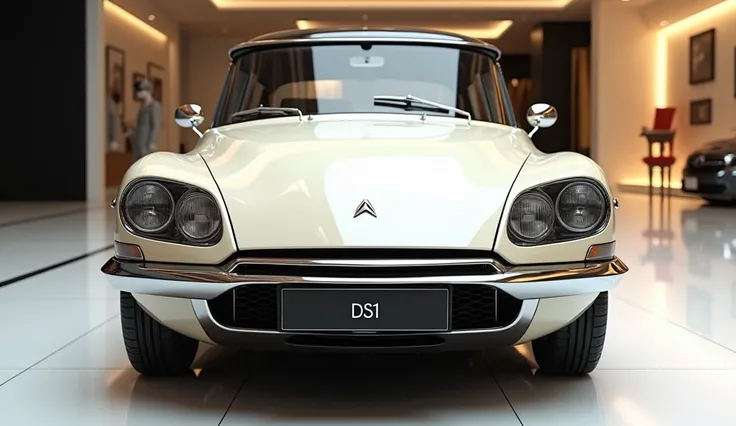 create an ultra-detailed 3D render, close-up full front straight view of a classic 1950s Citroen ds 21,sedan with a bold design captured from close front view. The car should feature a Gleamy off white,glossy black  color with a citroen ds logo on its back...