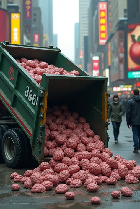  A dumpster of garbage overflowing with discarded brains on a street in a city full of advertisements. People walk by and no one sees that dump truck 