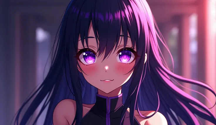 Young girl,  long black and purple hair,  hard shadows, purple eyes, black clothes, colored anime,  Lighting, limelight,  blushing ,  smiling, 