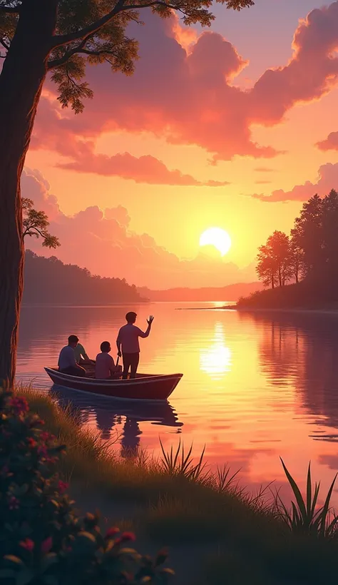 Animate the boat returning to the dock as the sun begins to set, casting warm orange and pink hues across the scene. The water is calm, and the shadows of trees stretch across the riverbank. The ren step out of the boat onto a soft, grassy shore. The narra...