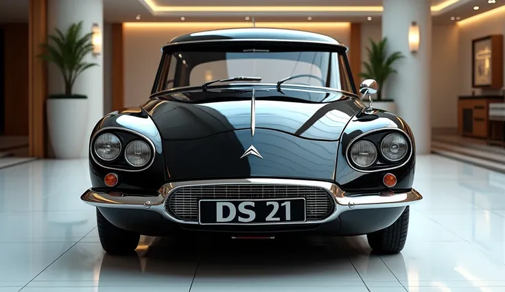 create an ultra-detailed 3D render, close-up full front straight view of a classic 1950s Citroen ds 21,sedan with a bold design captured from close front view. The car should feature a Gleamy black,glossy black  color with a citroen ds logo on its back, a ...