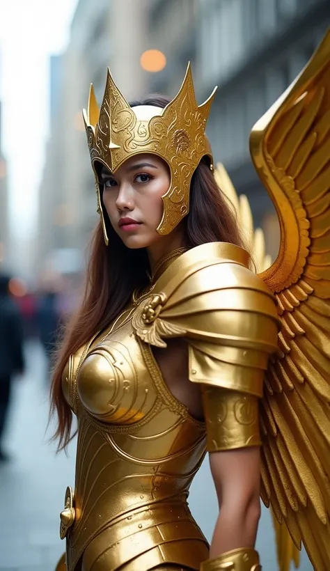 "A cosplayer wears a majestic golden armor costume inspired by mythology and the zodiac Sagittarius. This armor has beautiful large wings and intricately carved details, displaying a fusion of modern and mythological aesthetics. A crown-shaped helmet compl...