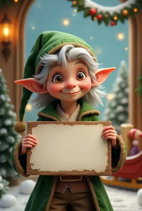 Cute gray hair elf holding a blank sign on a Christmas deco background 