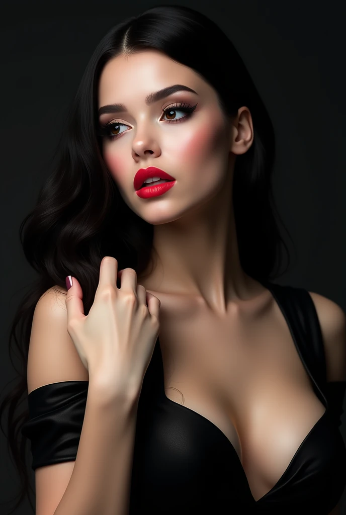 Beautiful girl with black eyes and bright lips low cut black dress touching her straight black hair 