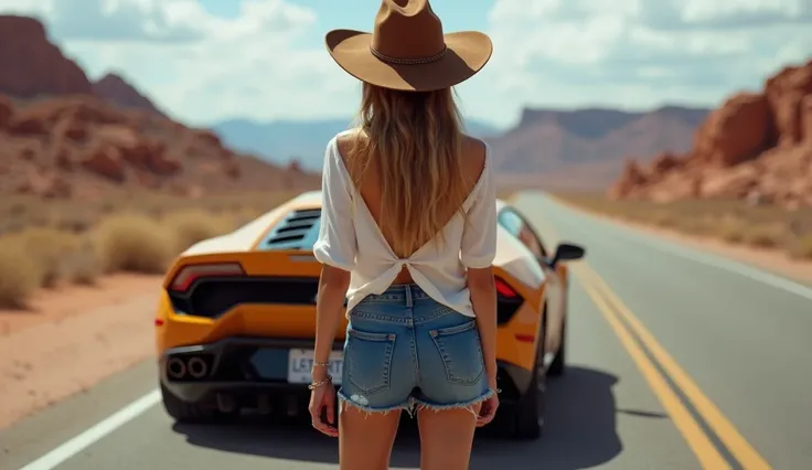 lady on steroids, suede brown booths, blue worn short tight jeans, cowboy hat, white blouse,besides a powerful sport car, in the highway in the rocky desert, rear view