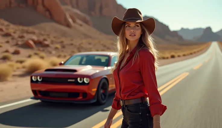 lady on steroids, suede brown booths, black worn short tight jeans, cowboy hat, red satin blouse,besides a powerful sport car, in the highway in the rocky desert, side view