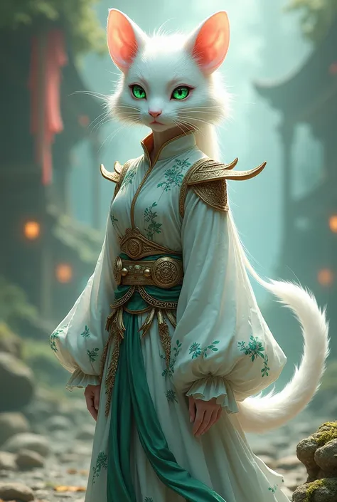 White rat, female,  ojos verdes, warrior, elegant  clothing, Anime 2.0, realistic