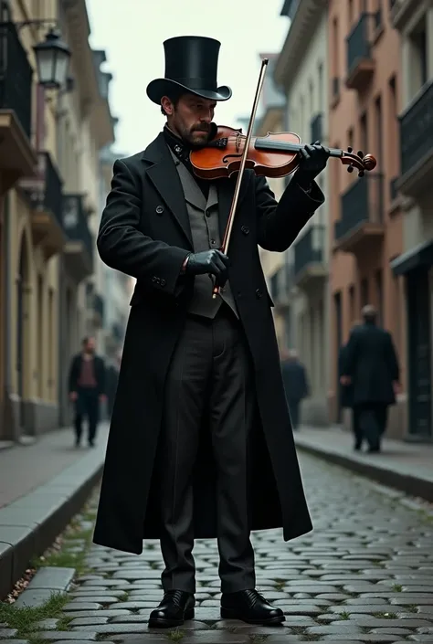 Steampunk , 2 Men, Gothic, Dark,  dark fantasy , Hyperrealista, 8K, full hd,  NSFW, steampunk, 19th century, Victorian,  better quality,  masterpiece,  realistic style violin , con ropa adecuada para su oficio con toques Victorians steampunk,  bodyguard on...