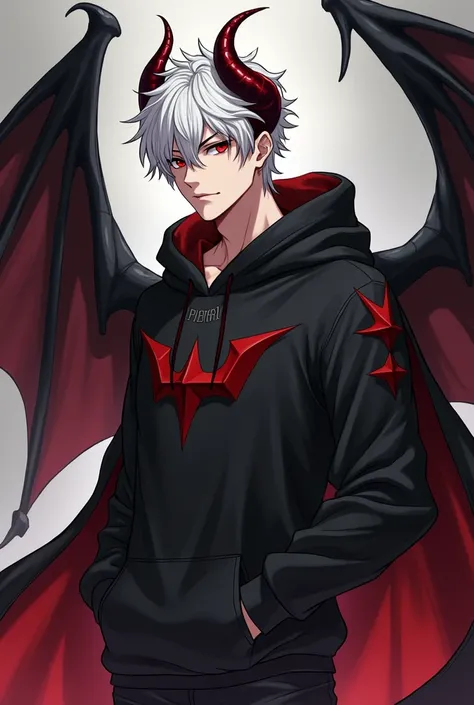 "Stunningly detailed anime sketch of a solo ((muscular)) ((handsome)) demon boy with short white hair and red eyes. He exudes maturity and has a powerful demonic aura, he also has striking red and black crown-like horns and large black demonic wings. Dress...