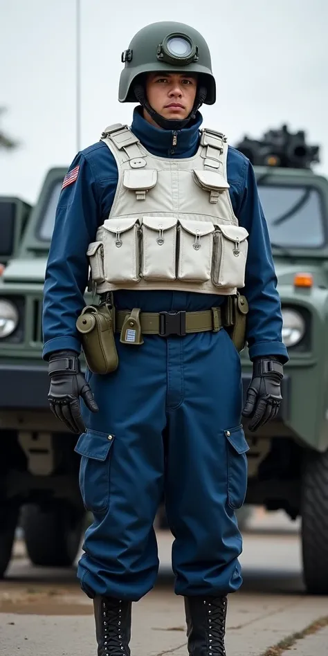 Soldier. Standing at full height. Dressed in a blue uniform, white tactical vest and tactical military helmet with military boots. The soldier is .In the style of 2014-2015.Historical uniform design during the citys 2014-2015 epidemic.Next to the soldier i...