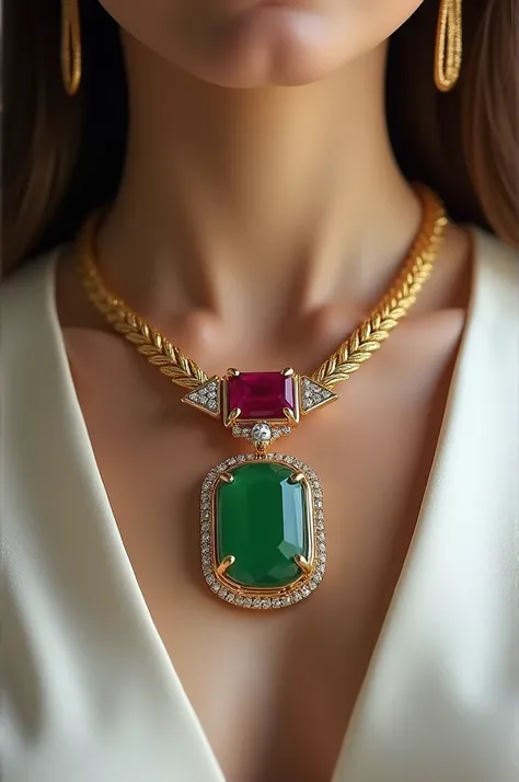 Create image a necklace of jade with gold rope retangular ruby around by small Diamond 