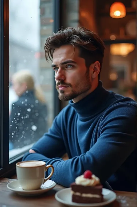  A handsome man sitting in a coffee shop ,  the one wears a blue turtleneck sweater ,  in the window snowflakes fall softly ,  on his table there is a cup of tea and a chocolate and raspberry cake, intense blue eyes, short intense chocolate colored hair , ...