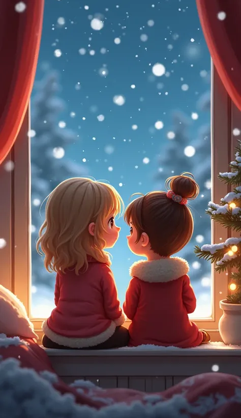 A cute cartoon Boy and girl , watching snowfall, inside room, evening, luminous,reallooking