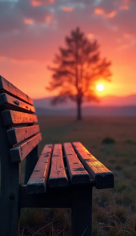 A sunset with a bench and a blurry tree. 