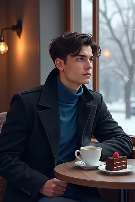  A handsome man sitting in a coffee shop ,  the one wears a blue turtleneck sweater ,  in the window snowflakes fall softly ,  on his table there is a cup of tea and a chocolate and raspberry cake, intense blue eyes, short intense chocolate colored hair , ...