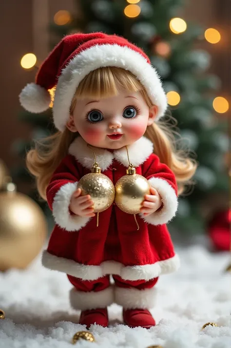 Christmas doll dressed as Santa Clouse on a snowy stage with Christmas balls in her hands