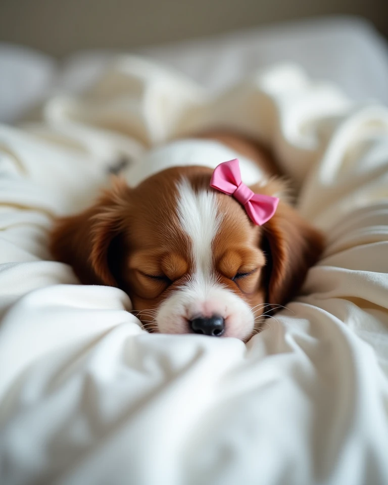 close-up of A small, adorable Cavalier King Charles Spaniel puppy, small pink bow in a ear, soft brown and white fur coat sleeping in a messy white sheets bed.