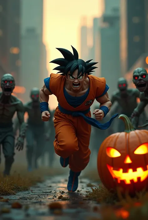 " A high-quality and highly detailed scene where a character similar to Goku from Dragon Ball runs in terror in the middle of a modern city,  surrounded by zombies with bright red eyes .  The character must have a classic orange and blue costume ,  pointy ...