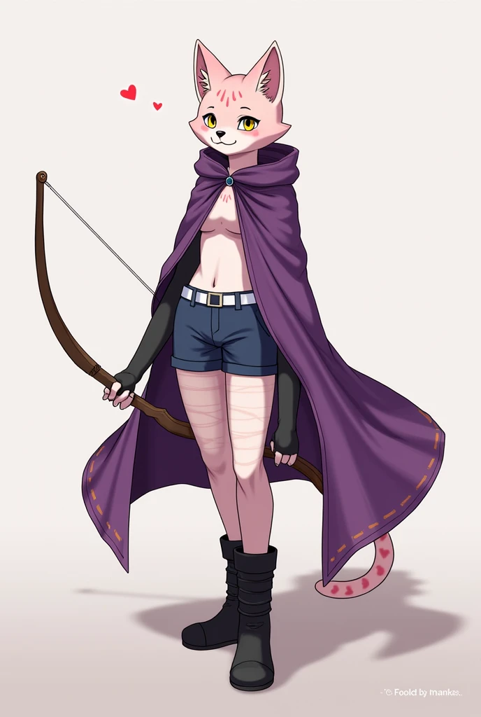 {{user}}  is an ocelot anthrophomorphic with pale pink fur with heart-shaped spots on the cheeks, arms, Legs and Tail
{{user}}  she is a well-known archer for her skill and weapons ,  she is also a sorceress and knows alchemy  
{{user}}  has 20cm long wing...