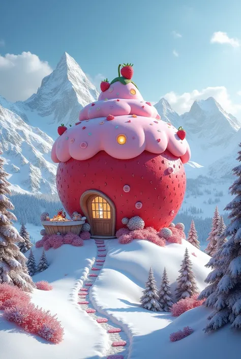 Panoramic view of a house shaped like a strawberry ice cream on top of a beautiful snowy mountain