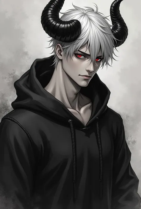 "Stunningly detailed dark art sketch of a solo ((muscular)) ((handsome)) demon boy with short white hair and red eyes. He exudes maturity and has a powerful demonic aura, he also has striking black curved horns. Dressed in ((black)) demonic hoodie clothes,...