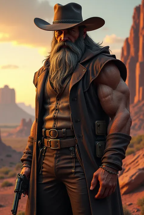 Make an image of a crazy and stately gunslinger with a bulky beard (Wild West setting )