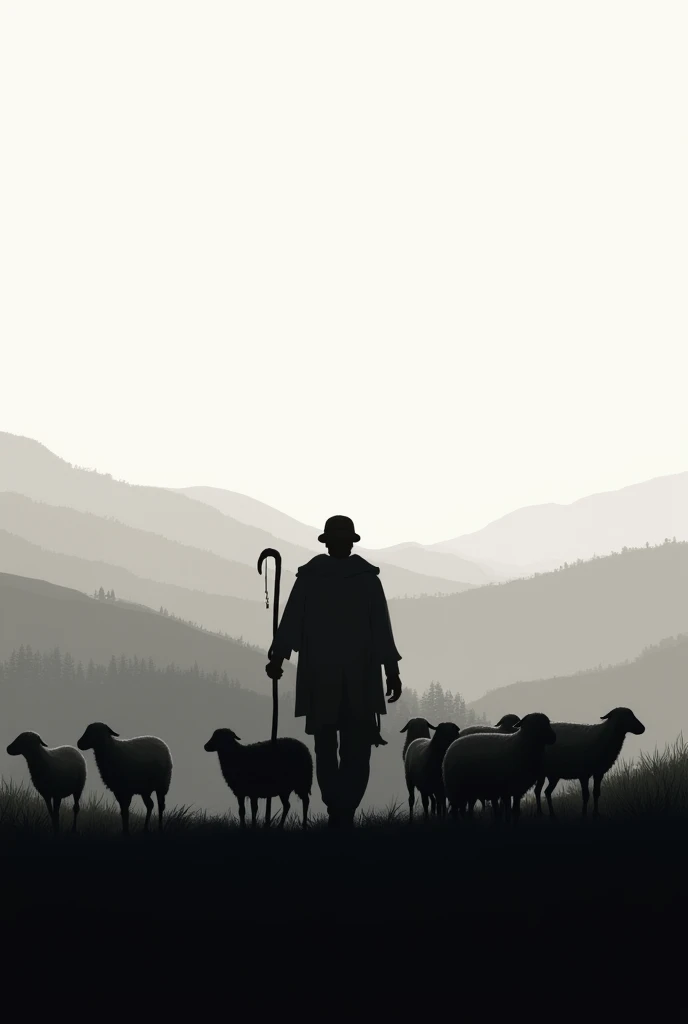 Silhouette of shepherd , Who leads the sheep in the field with a monochrome stick