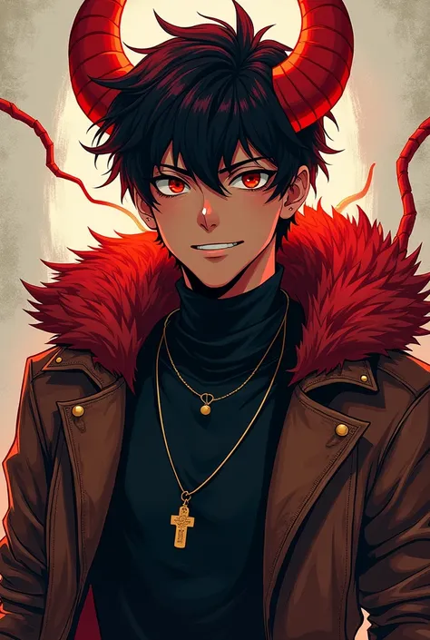 I want a 20-year-old brown man with red horns, a challenging look with a friendly smile with a strong medium physique and a black aura, short hair with light leather armor with anime-style art with lines and colors, Arifureta style. 