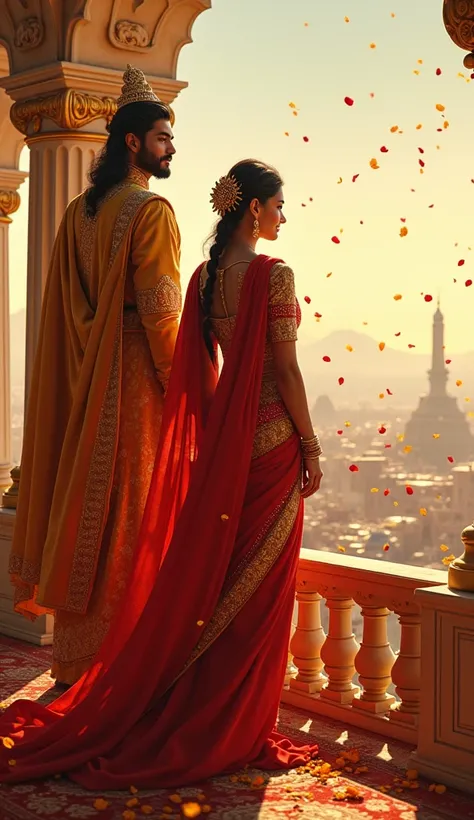 "King Arjun and Queen Arya standing on their palace balcony, the joyous subjects below showering flowers. The king is dressed in golden robes, and the queen is in a sparkling red saree."