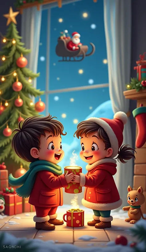 A cute cartoon boy, a cute girl, celebreating Christmas in home , santa Claus, flying in sky