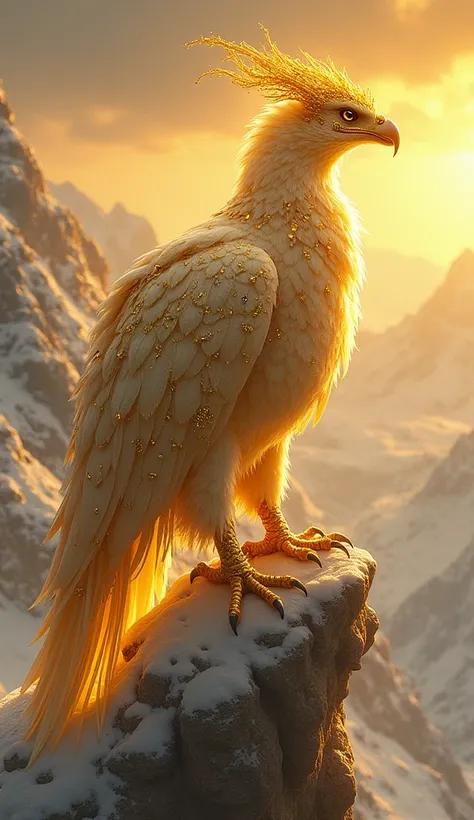 
Celestial Ruler:
"A celestial eagle hybrid with golden feathers interwoven with gemstones. The creature sits on a golden throne carved into the peak of a snowy mountain. Its glowing talons clasp the edges of its perch as it gazes over an expansive golden ...