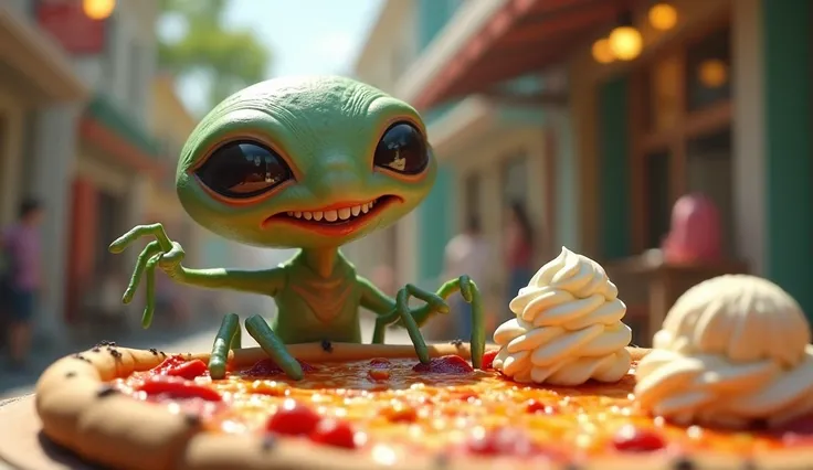 An alien eating pizza with its three arms, laughing as it tries ice cream for the first time. (3D Animated)