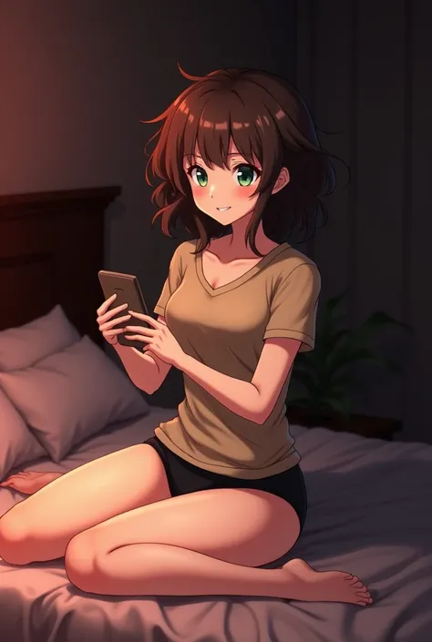 the background is in black and red tones. a girl with dark green almond-shaped eyes, very fair skin and red lips. with a sly smile. He sits on the bed with his legs spread. She has wide hips and small breasts. She is wearing short black underpants and a be...