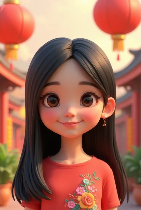 a teen girl about  with long straight hair and black color, she is a little chubby. make the picture look cute like a 3d cartoon animation. she is an Indonesian of Chinese descent