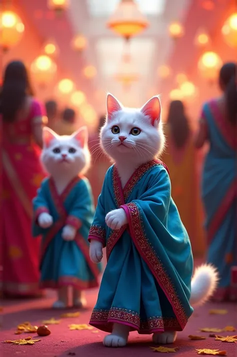 Festival of Colors:
White Cats don Pakistani traditional blue sarees in a vibrant palette inspired by festivals like Holi and Diwali, with colorful patterns and shimmering threads. The audience is surrounded by festive lights and dances joyfully in their s...