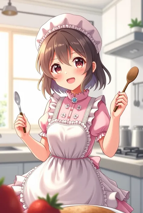 A anime girl wearing kitchen dress , a cap in head , holding a cooking spoon in hand , background should be white and in the kitchen