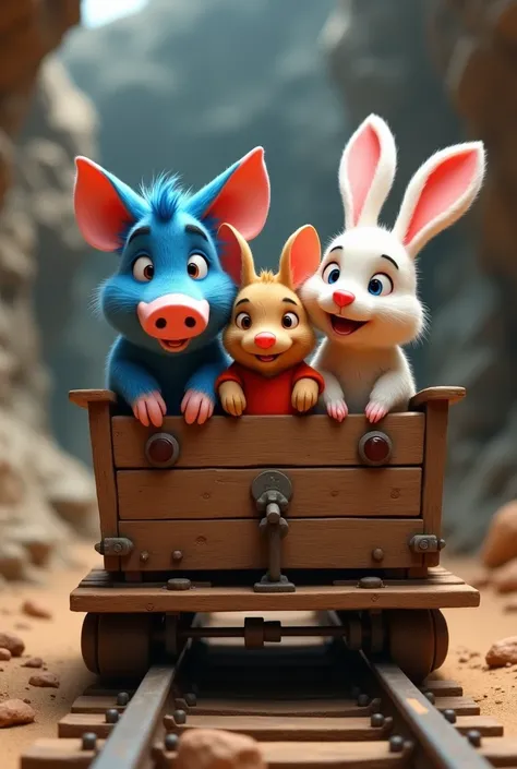 A blue hog ,  a mouse in an orange shirt and a white bunny in the mine ride on a trolley