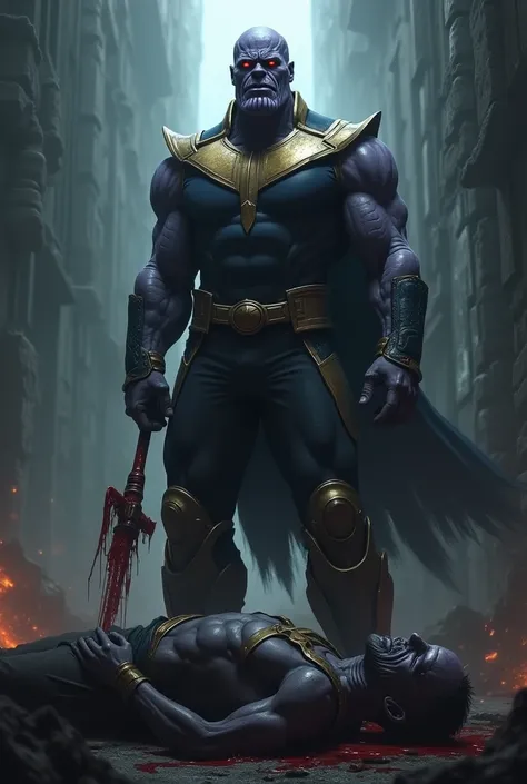 Thanos’s First Kill
"Thanos, now a teenager, standing over a lifeless body with a bloodied weapon in his hand. His face is twisted with a mix of rage and exhilaration, eyes glowing with an unnatural, deadly light. The setting is dim and chaotic, filled wit...