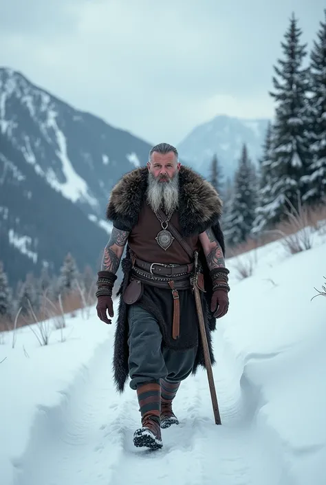  A Viking-looking man ,  approximately 40 years old,  hiking in the snow in a remote Norwegian landscape .  He has long half-gray hair ,  a large, half-gray beard , and piercing blue eyes.  Viking-style tattoos decorate his arms and neck , visible despite ...