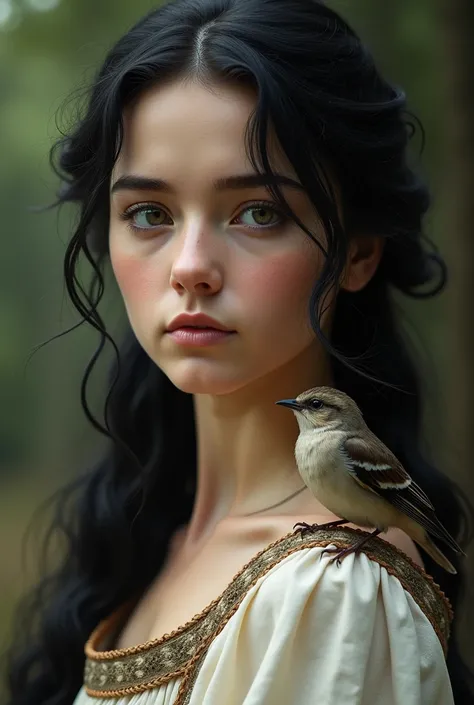 Hyper-realistic close-up portrait of a medieval young woman with jet-black hair that frames her pale face, wearing a traditional medieval dress with woven patterns along the edges. A small sparrow sits comfortably on her shoulder, its tiny eyes bright and ...