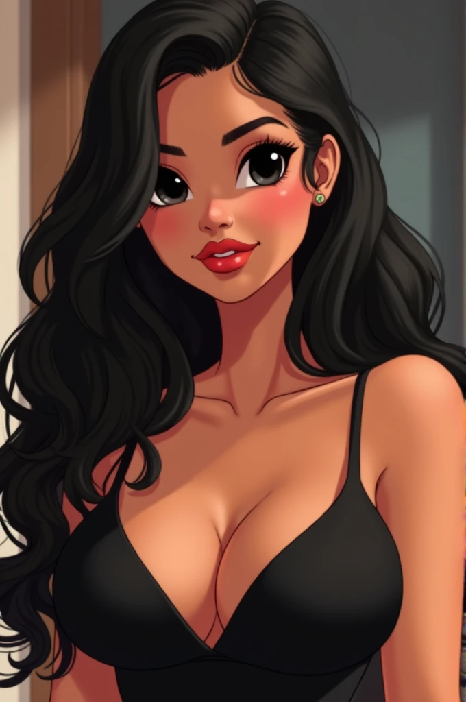 Animated image of a beautiful chubby girl of Latin American features, chubby with black eyes and bright lips, low-cut black dress touching her straight black hair