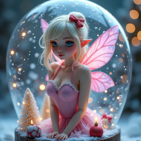 A beautiful pixie dressed in a pink dress with pink and purple wings trapped inside snowglobe with a Christmas scene A beautiful 20k caucasian female with  bright blue eyes, platinum blonde hair with ruby red highlights going through and rose gold pink hig...