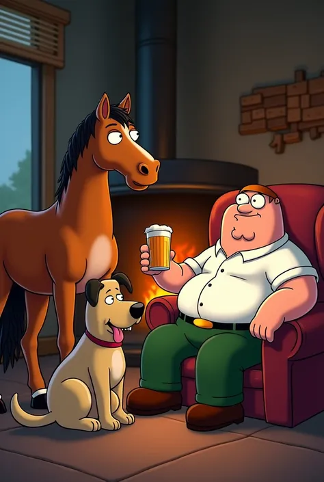 Buff horse, fat dog and Petter Griffin drinking beer by the fireplace at night and talking about life