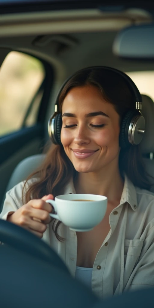 mujer latina, inside a car, enjoying a morning coffee, [relax, calm, peaceful],[wearing headphones listening to music]