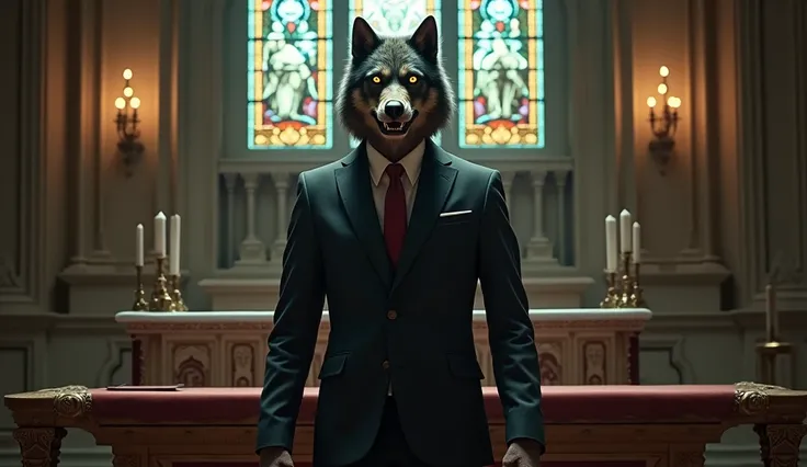 Man with the face of a big bad wolf dressed in a suit on a church altar