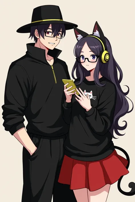  A guy in a stylish black sweater , and in black wide pants ,  with glasses and a hat on her head who has a yellow line :  Holds a girl in a red and black skirt ,  and in a black sweater with a cat pattern and stylish headphones and glasses holding a phone